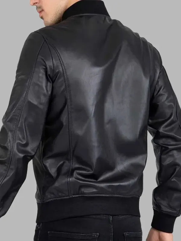 Men Black Rib Bomber Zip Genuine Leather Jacket