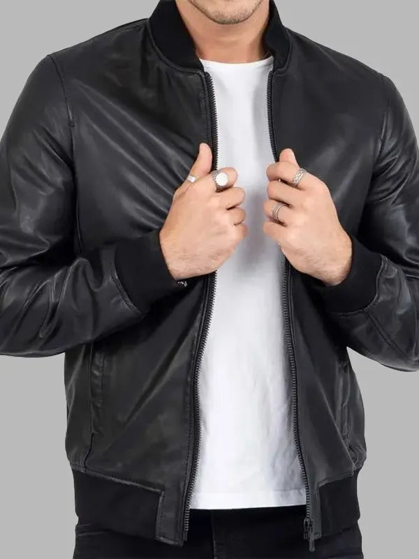Men Black Rib Bomber Zip Genuine Leather Jacket