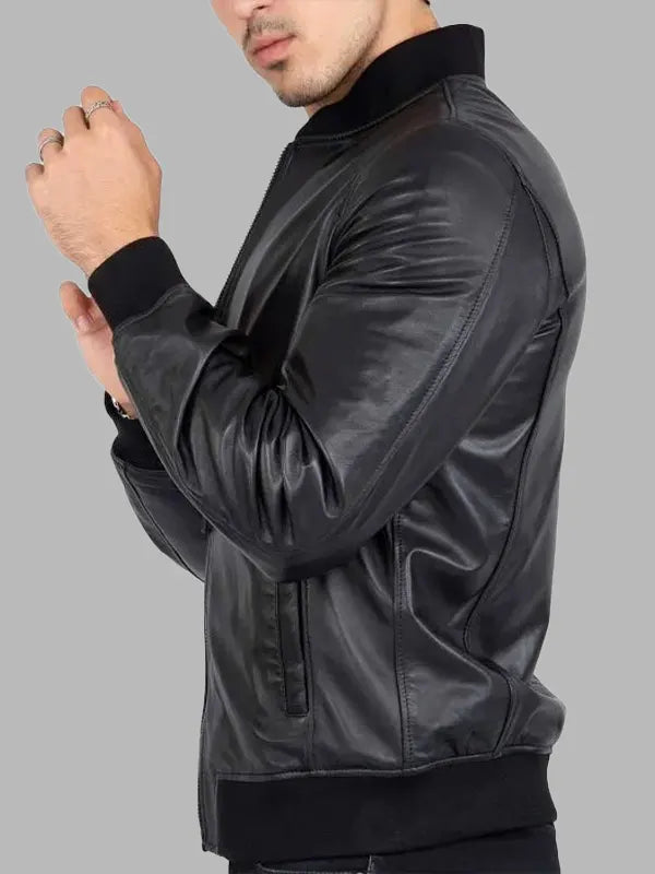 Men Black Rib Bomber Zip Genuine Leather Jacket