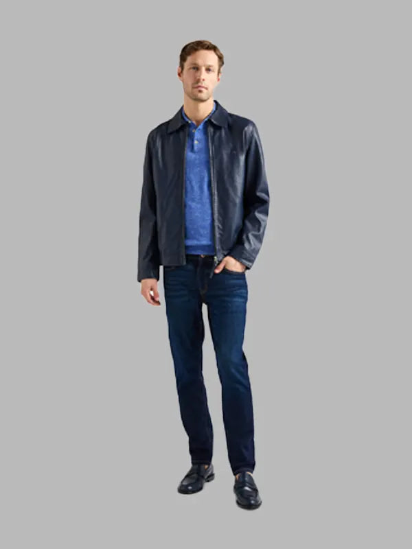 Men Faux Leather Navy Zip Slim Fit Jacket