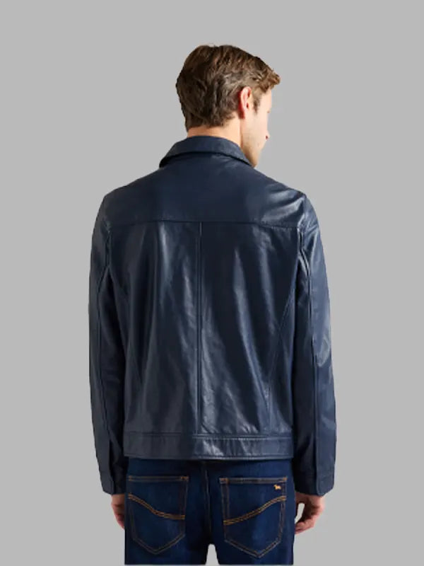 Men Faux Leather Navy Zip Slim Fit Jacket