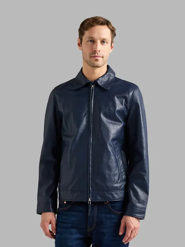 Men Faux Leather Navy Zip Slim Fit Jacket