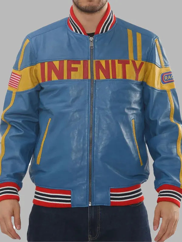 Men's Blue Leather Motorcycle Jacket Biker Bomber