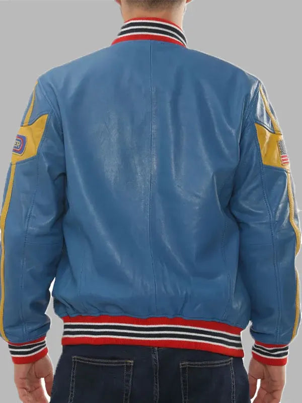 Men's Blue Leather Motorcycle Jacket Biker Bomber