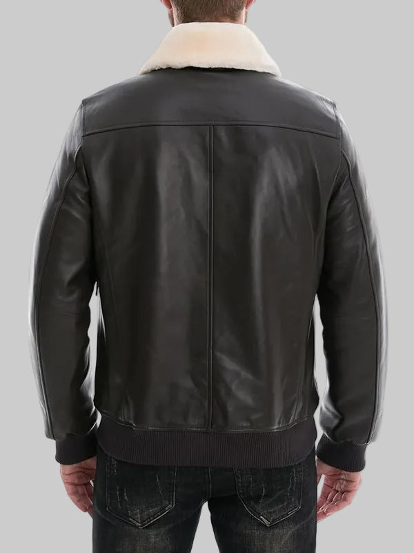 Mens-Black-Leather-Bomber-Jacket-With-White-Real-Fur-Collar