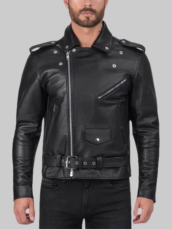 Mens-Brando-Biker-Black-Leather-Jacket