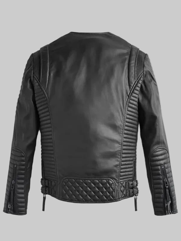 Mens-Collarless-Leather-Jacket-Black