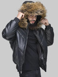 Mens-Faux-Leather-V-Bomber-Jacket-with-Faux-Fur-Hood-Black