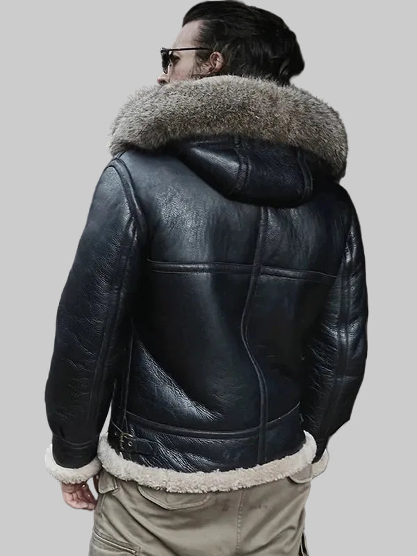Mens-Hooded-RAF-Aviator-B3-Sheepskin-Black-Shearling-Jacket-Back