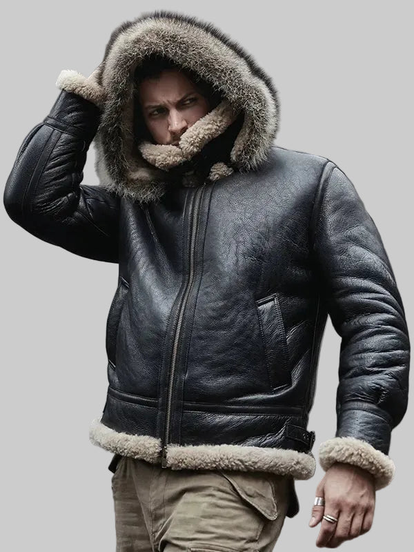 Mens-Hooded-RAF-Aviator-B3-Sheepskin-Black-Shearling-Jacket