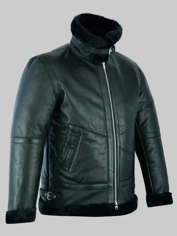 Mens-Shearling-Leather-Black-Fur-B3-RAF-Aviator-Bomber-Real-Sheepskin-Jacket-Green