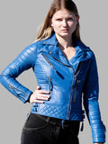 Moto Quilted Blue Leather Jacket Womens