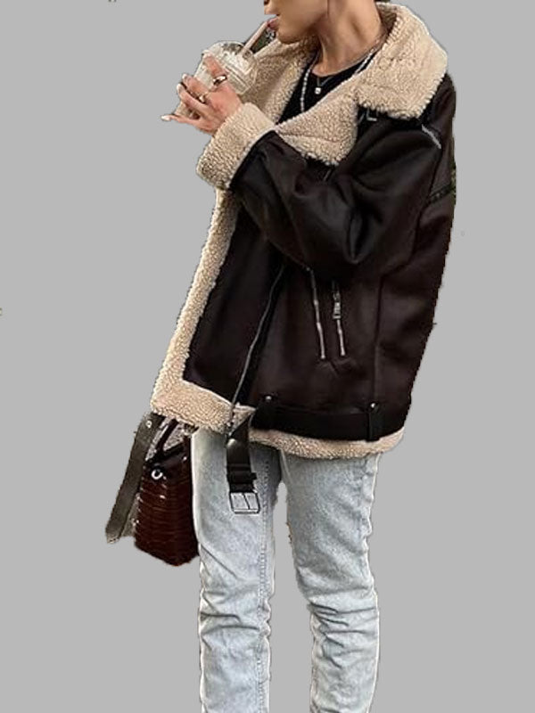 Naomi Faux Lamb Fur Leather Dark Brown Bomber Jacket