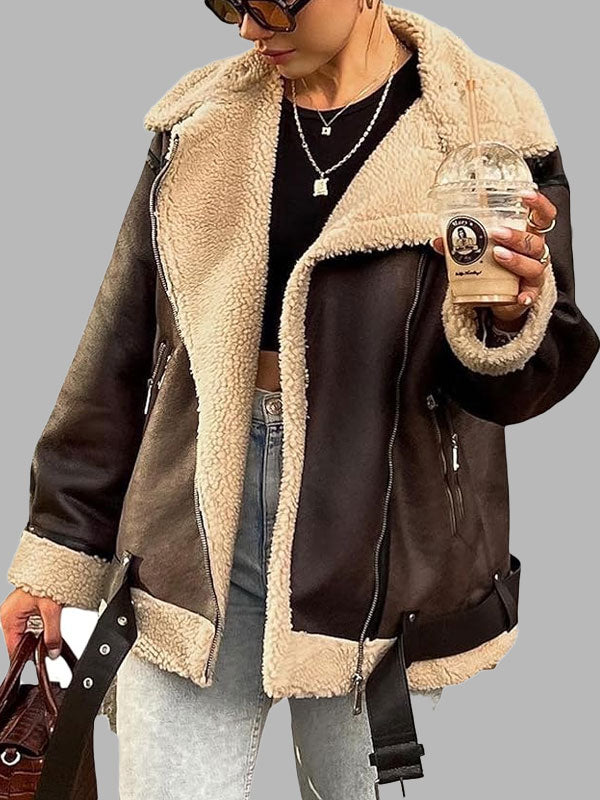 Naomi Faux Lamb Fur Leather Dark Brown Bomber Jacket
