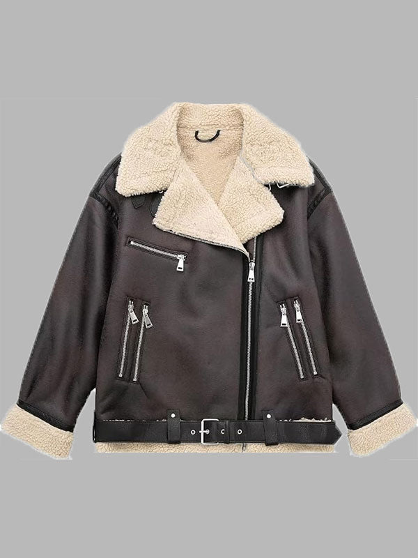 Naomi Faux Lamb Fur Leather Dark Brown Bomber Jacket