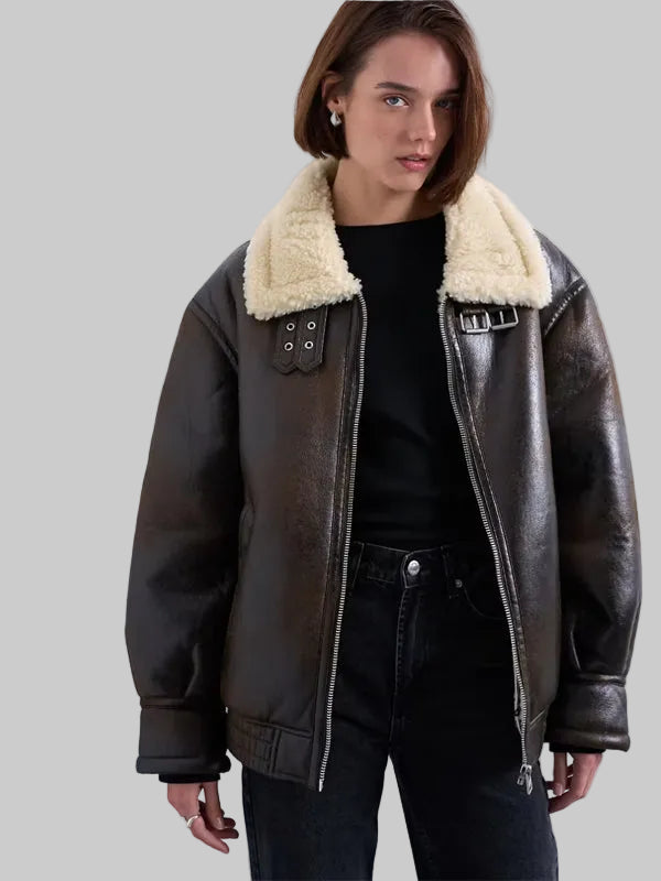 Oversized-Tab-Detail-Shearling-Leather-Bomber-Jacket-In-Brown