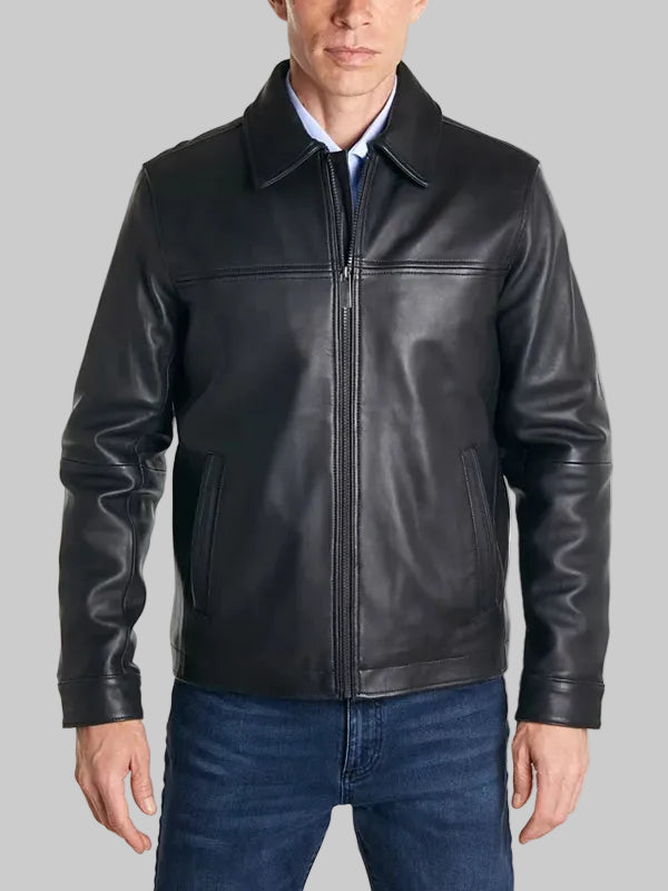 Perry-Ellis-Mens-Classic-Black-Leather-Jacket