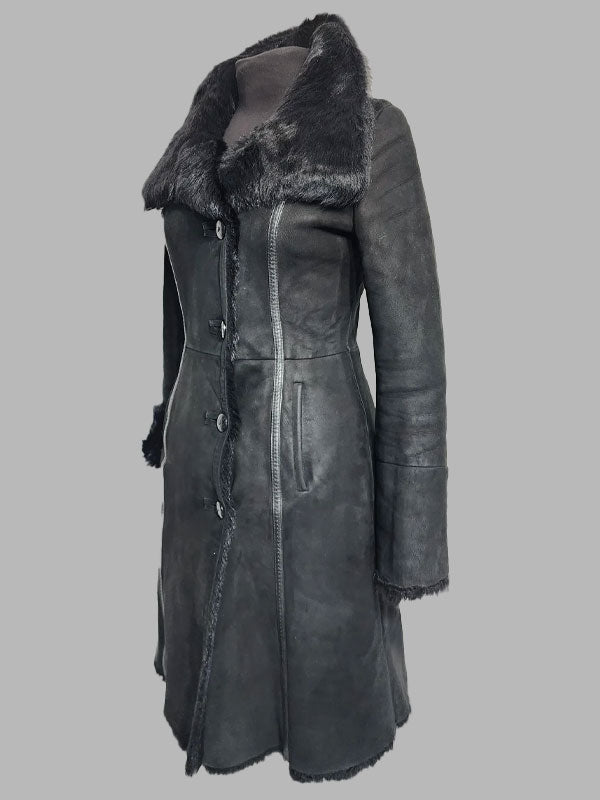 Phyllis Black Sheepskin Genuine Fur Coat Button Front