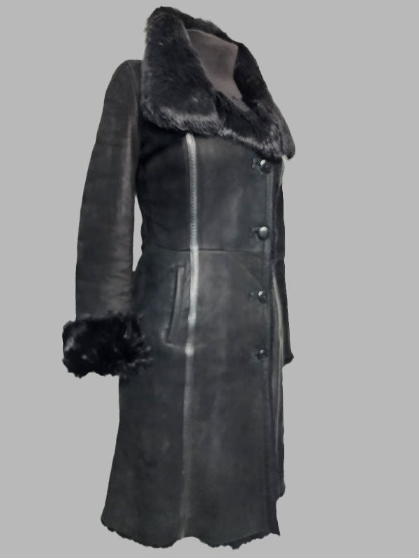 Phyllis Black Sheepskin Genuine Fur Coat Button Front