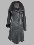 Phyllis Black Sheepskin Genuine Fur Coat Button Front