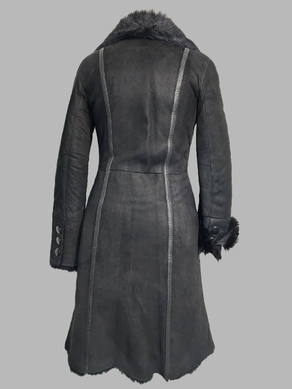 Phyllis Black Sheepskin Genuine Fur Coat Button Front