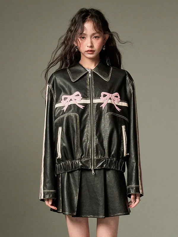 Pink-Bow-Leather-Oversized-Jacket-For-Womens