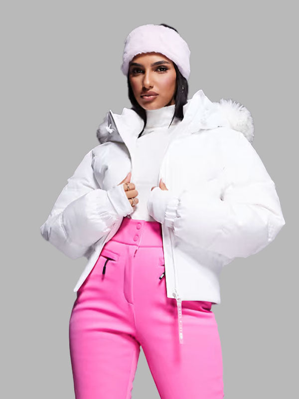 Sandra White bomber jacket with faux fur hood