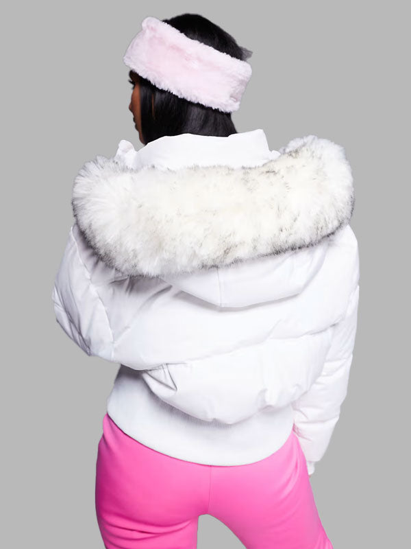 Sandra White bomber jacket with faux fur hood