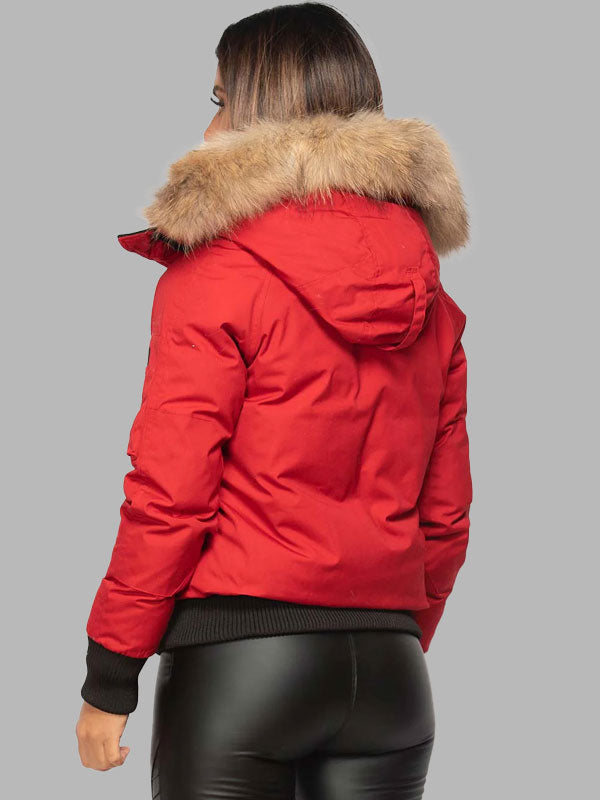 Sharon Red Bomber Jacket With Natural Fur Hood