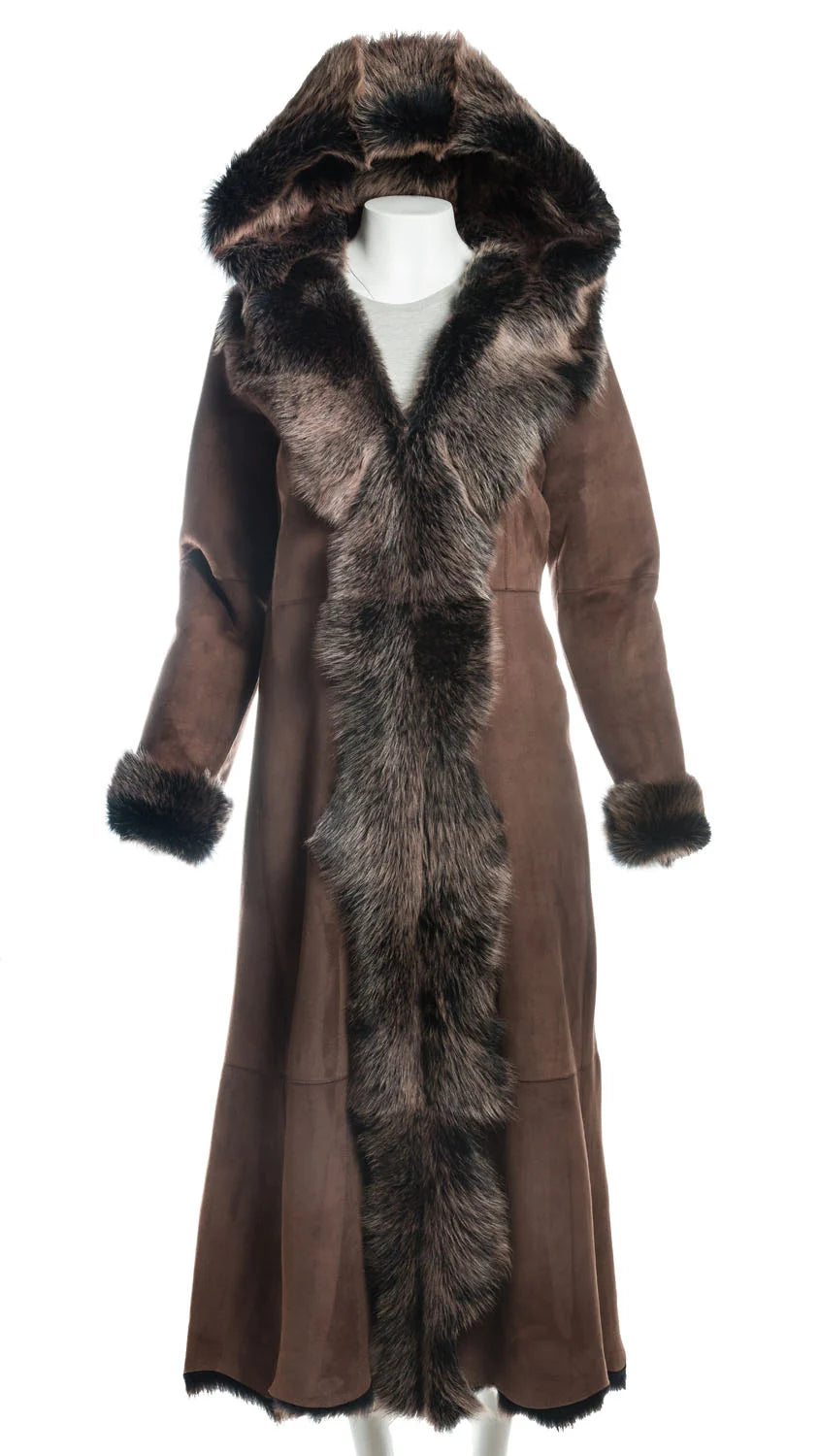 Women Full Length Brown Toscana Shearling Sheepskin Coat