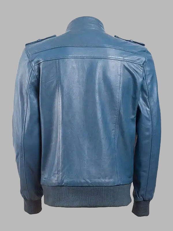 Men’s Band Collar Blue Bomber Leather Jacket
