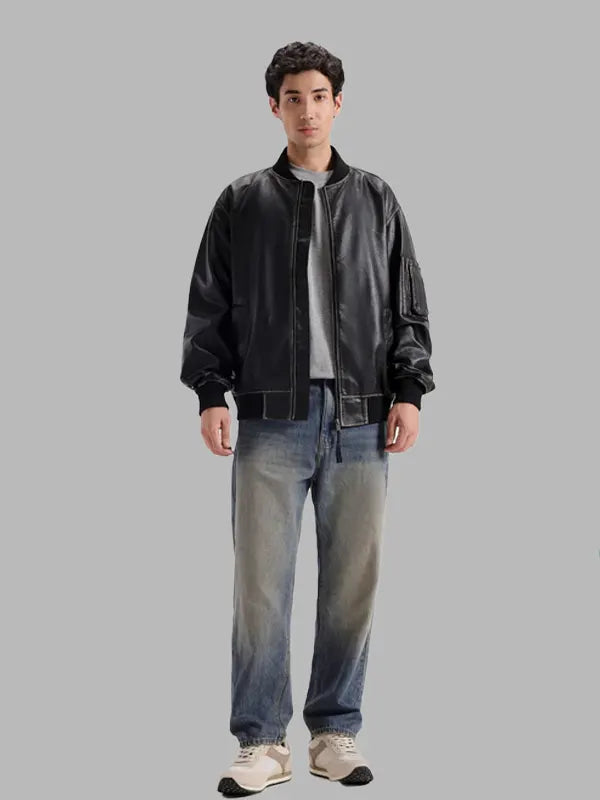 Jeffery Black Faux Leather Bomber Jacket