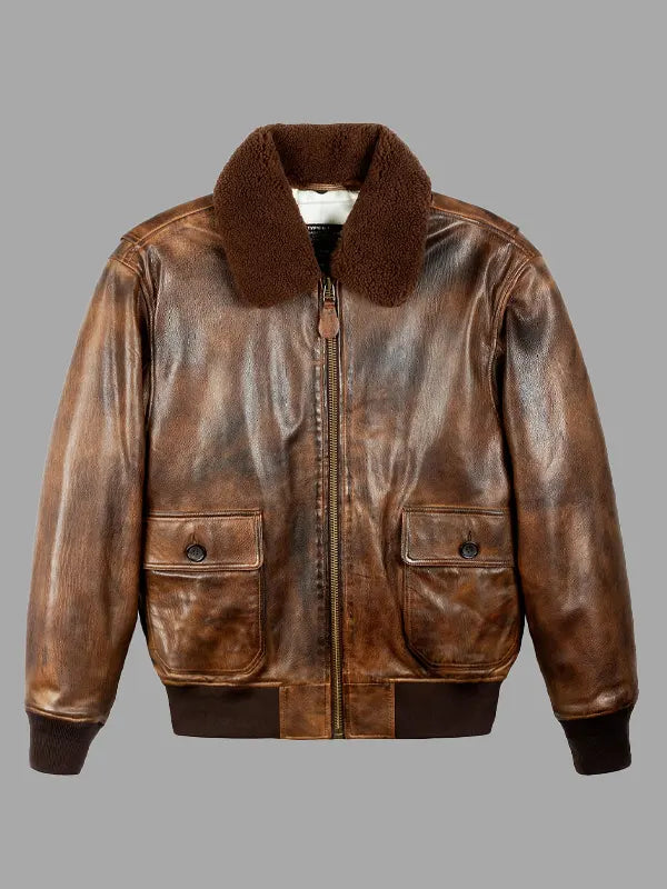 Richard Distressed Leather Bomber Fur Collar Jacket