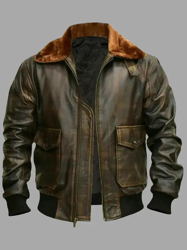 Men Distressed Brown Bomber Leather Jacket With Fur Collar
