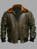 Men Distressed Brown Bomber Leather Jacket With Fur Collar