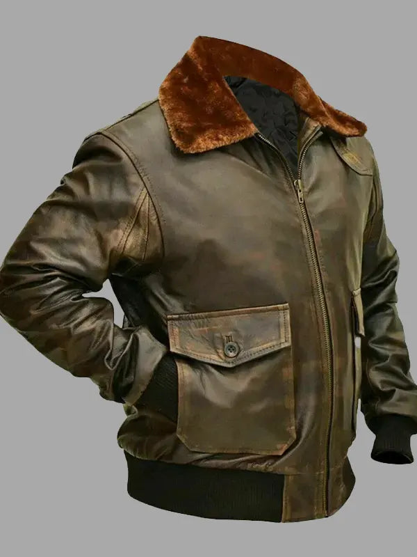 Men Distressed Brown Bomber Leather Jacket With Fur Collar