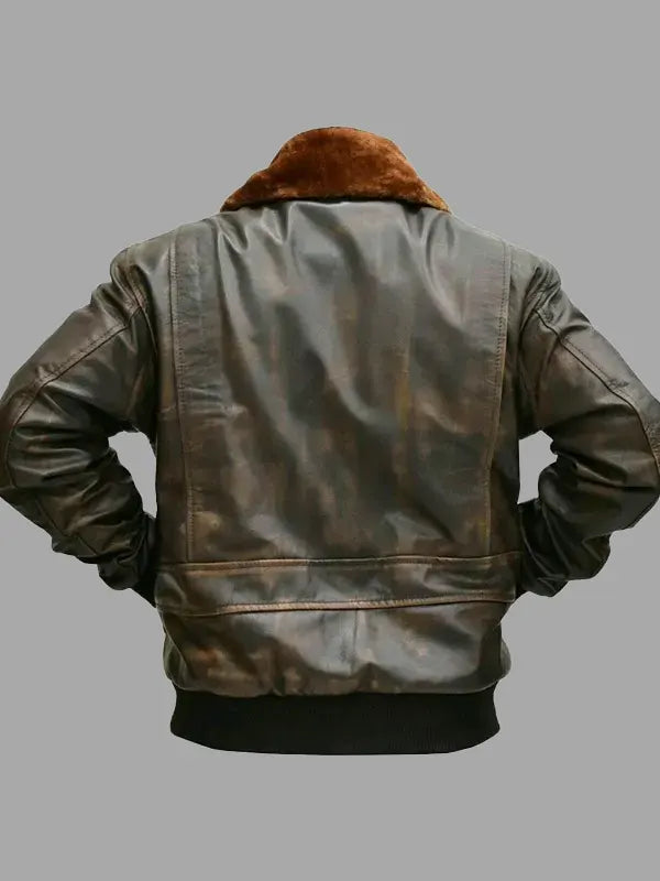 Men Distressed Brown Bomber Leather Jacket With Fur Collar