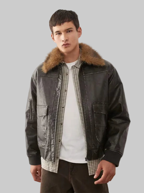 Vintage-Leather-Look-Bomber-Jacket-With-Faux-Fur-Collar-In-Brown