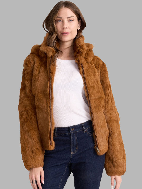 Whiskey Rabbit Fur Bomber Jacket Brown with Hood
