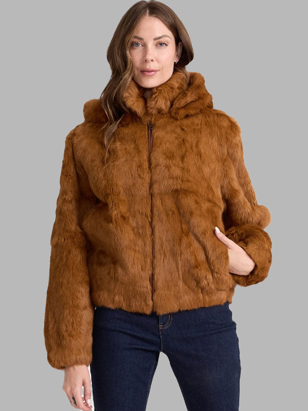 Whiskey Rabbit Fur Bomber Jacket Brown with Hood