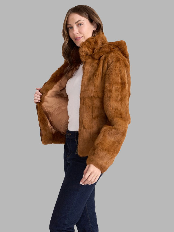 Whiskey Rabbit Fur Bomber Jacket Brown with Hood