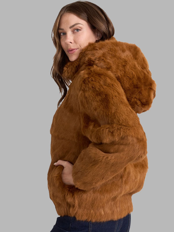 Whiskey Rabbit Fur Bomber Jacket Brown with Hood