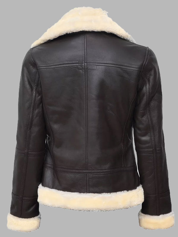 Wilma Dark Brown Leather Bomber Jacket with Beige Shearling Fur