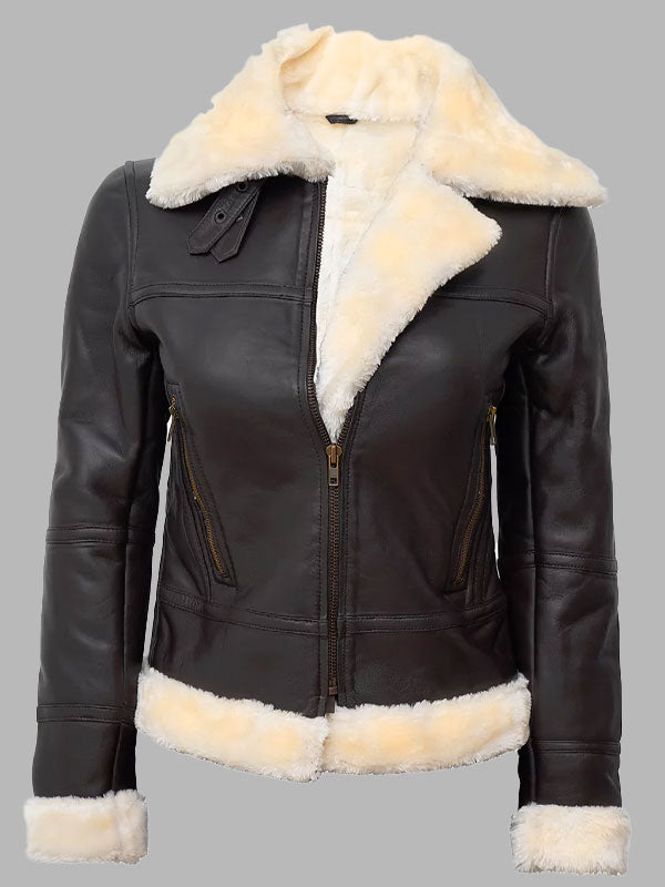 Wilma Dark Brown Leather Bomber Jacket with Beige Shearling Fur