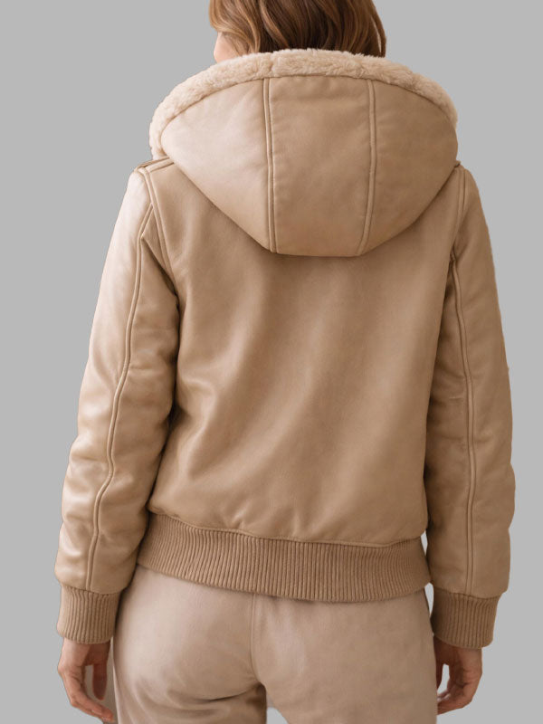 Women Beige Real Leather Hooded Bomber Jacket with Faux Fur