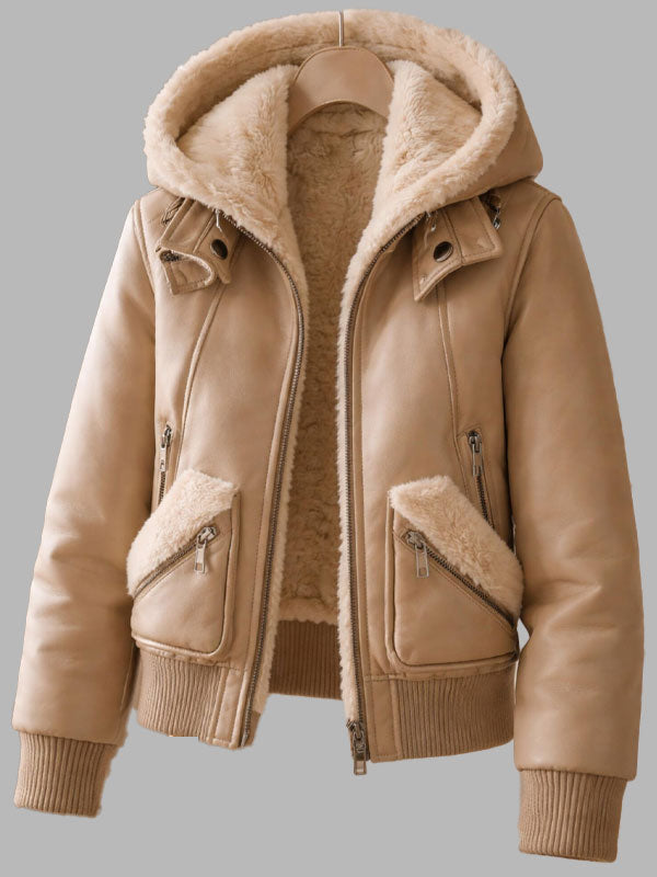 Women Beige Real Leather Hooded Bomber Jacket with Faux Fur
