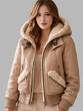 Women Beige Real Leather Hooded Bomber Jacket with Faux Fur