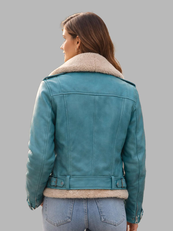 Women’s Blue Leather Bomber Jacket with Faux Fur