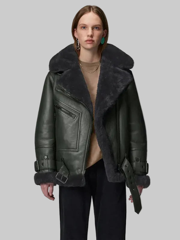Women-Green-RAF-Aviator-Style-Lambskin-Black-Shearling-Leather-Jacket