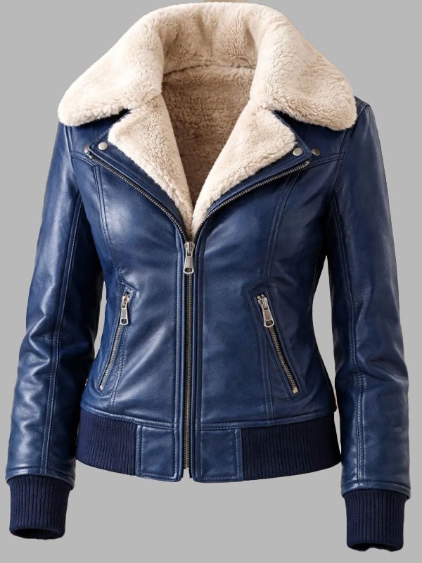 Women's Navy Blue Leather Bomber Jacket with Faux Fur